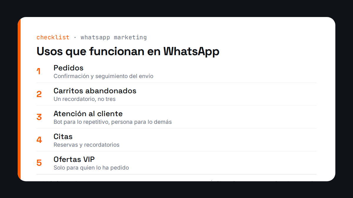 Usos de WhatsApp Marketing que funcionan: pedidos, carritos abandonados, atención al cliente, citas y ofertas VIP
